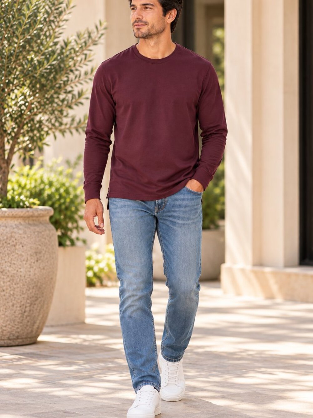 BYLT Men's Premium Basics Split Hem Crewneck Long Sleeve Shirt in Burgundy Sz L